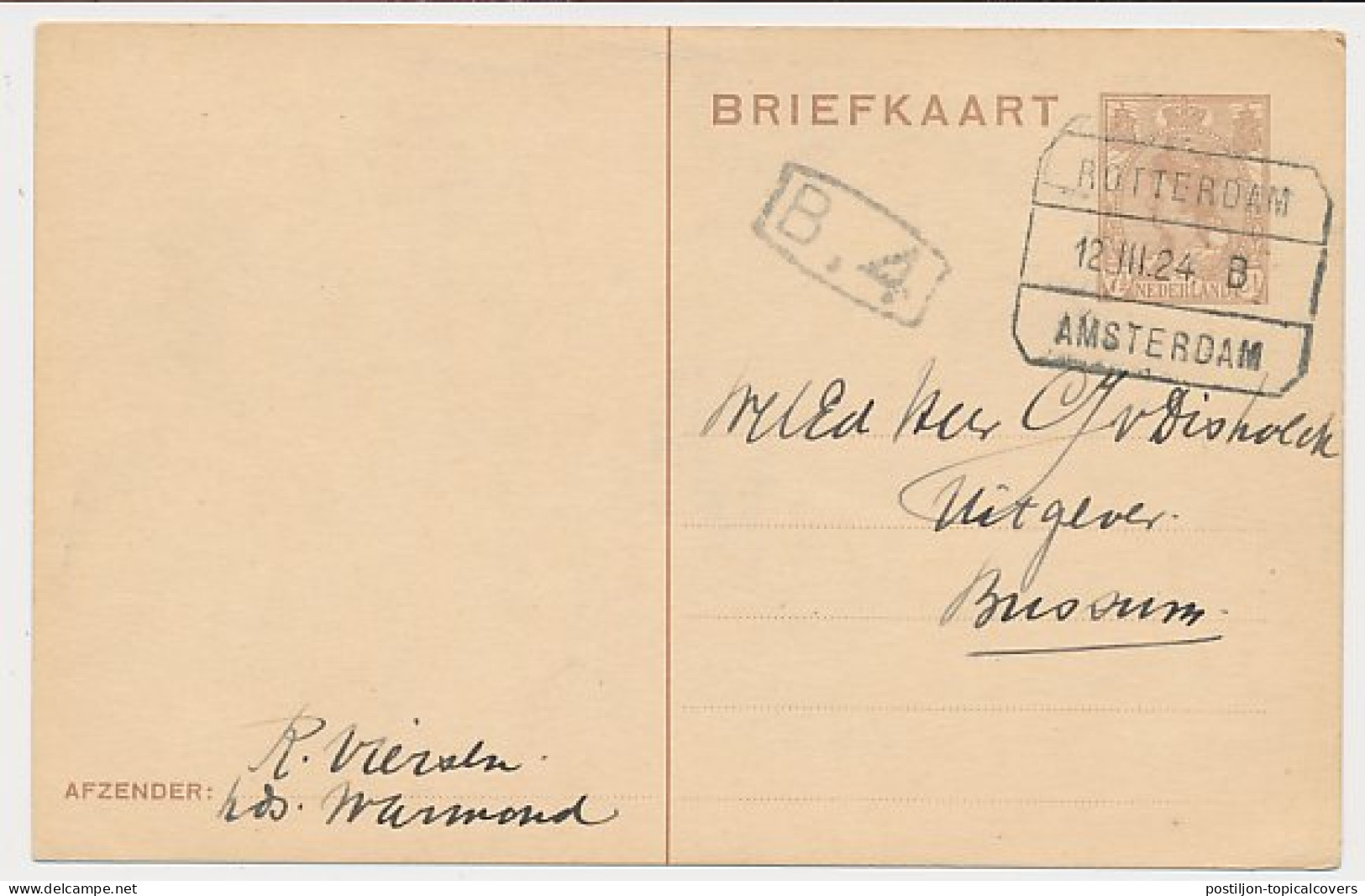 Treinblokstempel : Rotterdam - Amsterdam B 1924 - Ohne Zuordnung