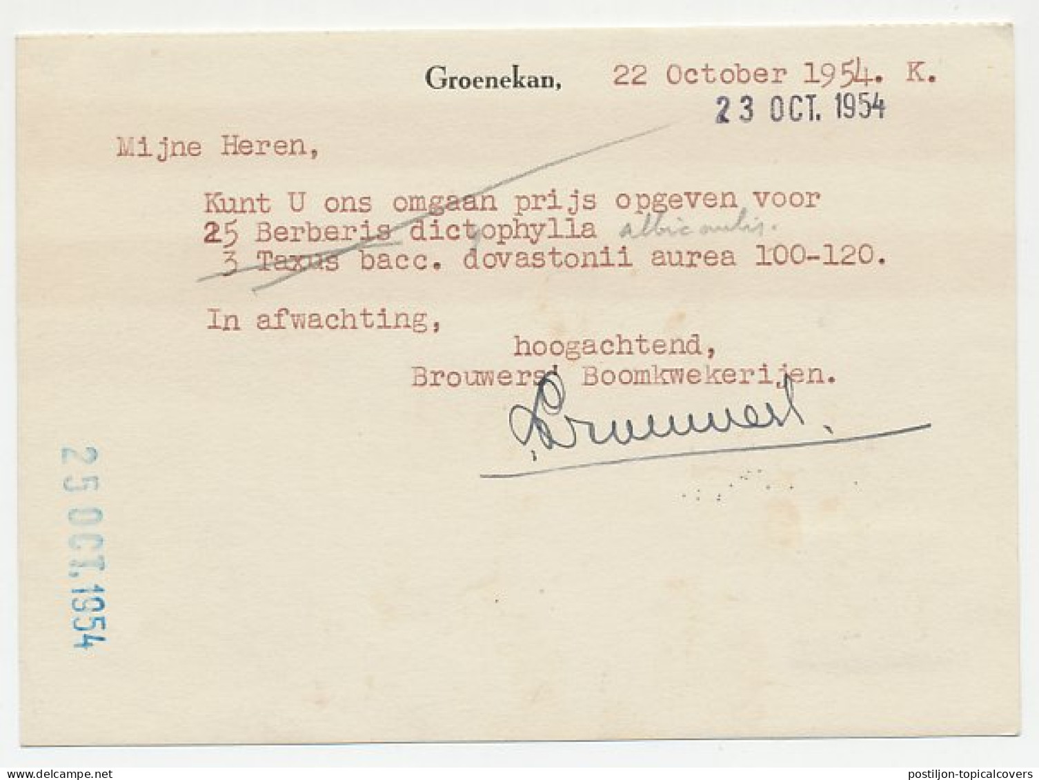 Firma Briefkaart Groenekan 1954 - Boomkwekerij - Ohne Zuordnung