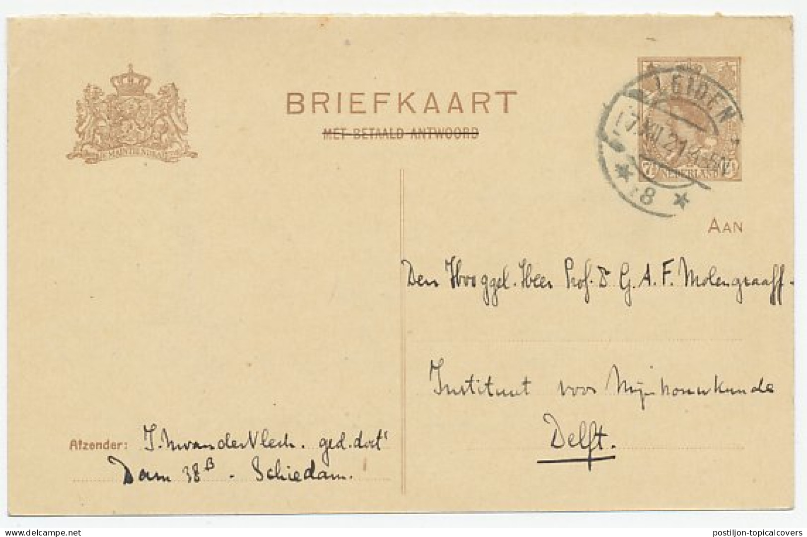 Briefkaart G. 123 I V.krt Leiden - Delft 1921 - Postal Stationery