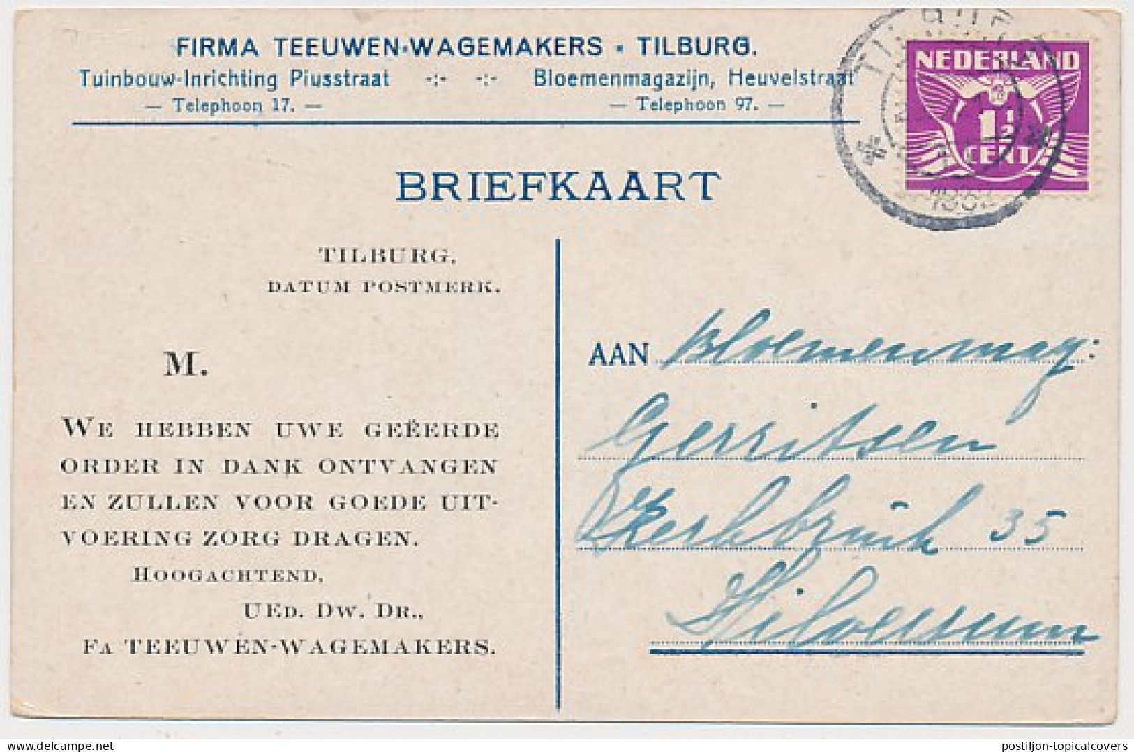 Firma Briefkaart Tilburg 1932 - Tuinbouw - Bloemenmagazijn - Ohne Zuordnung