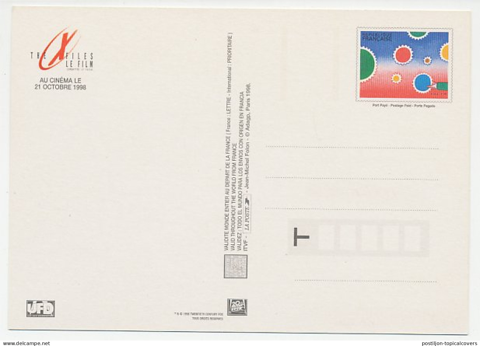 Postal Stationery France 1998 The X Files - Cinéma