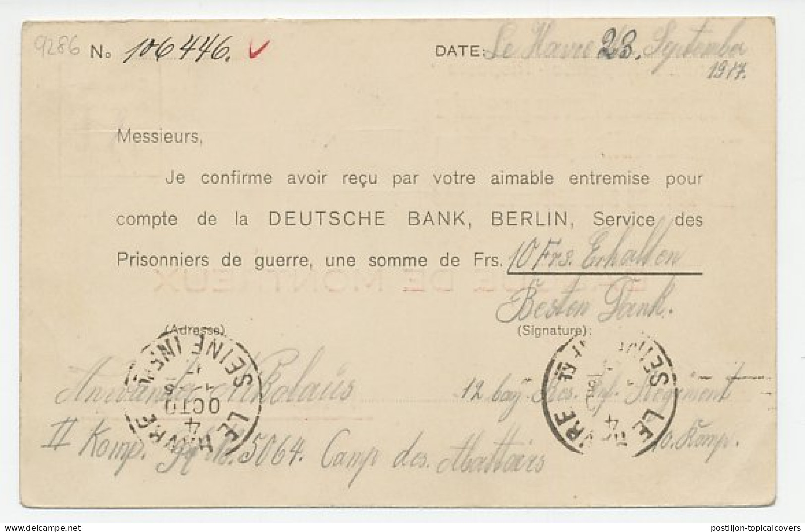 Reply Card POW France - Switzerland 1917 Slaughterhouse Camp - Censored - WWI - 1. Weltkrieg
