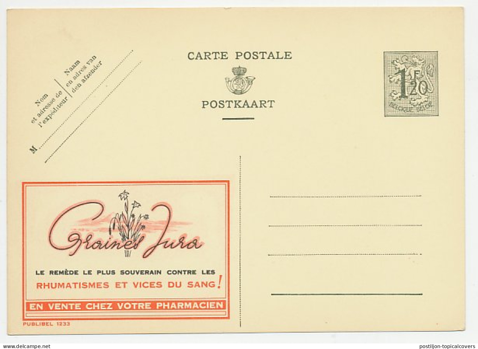 Publibel - Postal Stationery Belgium 1952 Seeds - Rheumatism - Blood  - Pharmacie