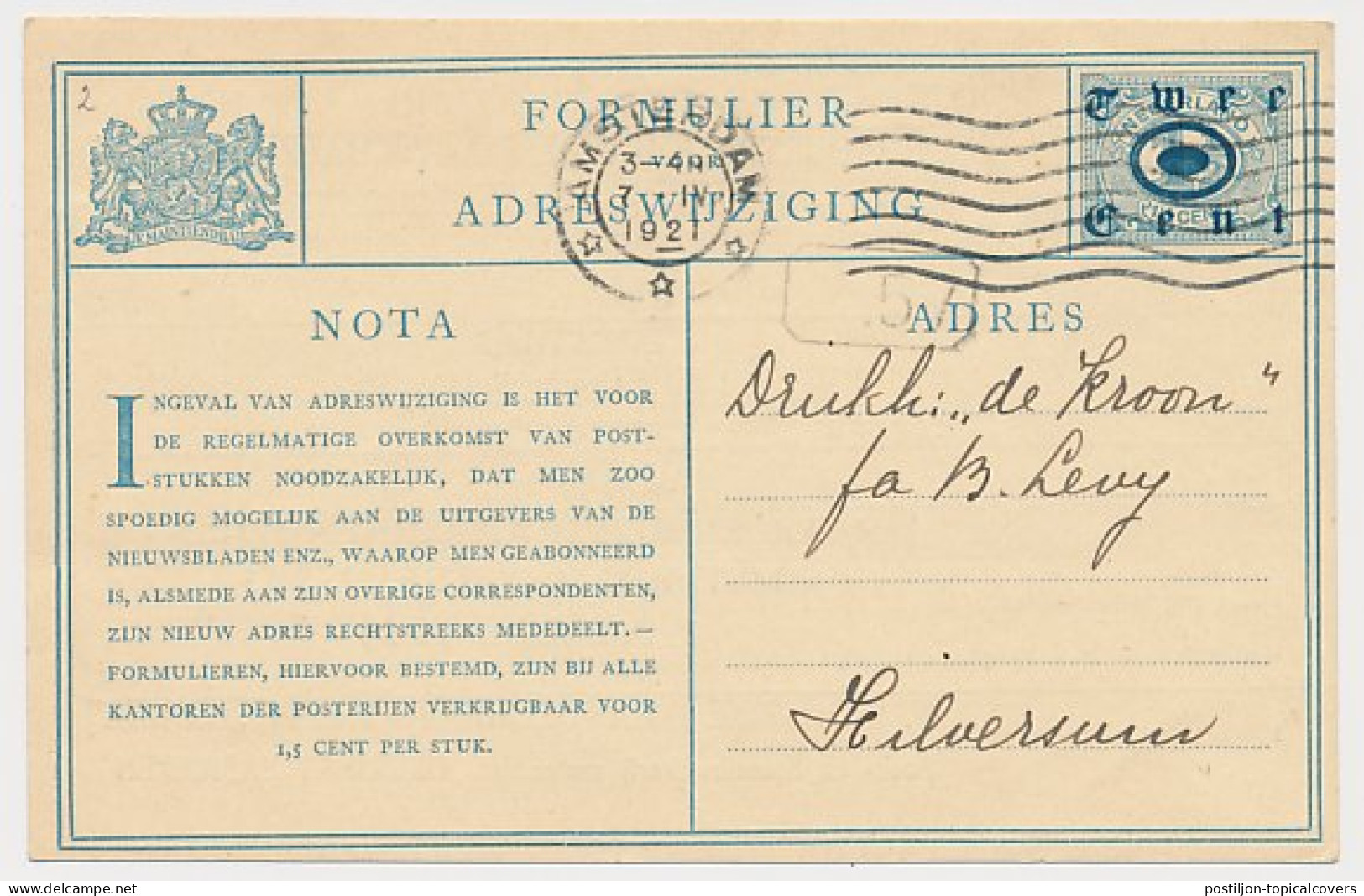 Verhuiskaart G. 2 Particulier Bedrukt Amsterdam 1921 - Postal Stationery