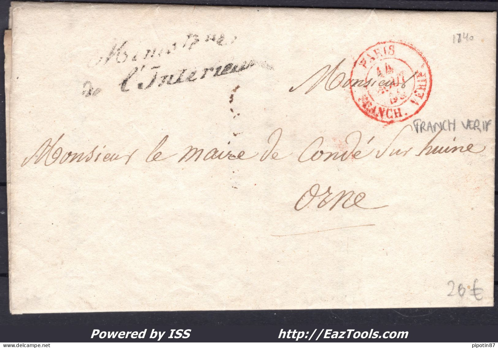 FRANCE MARQUE POSTALE AVEC CAD ROUGE PARIS FRANCHISE VÉRIFIÉE DU 14/08/1840 - 1801-1848: Precursors XIX