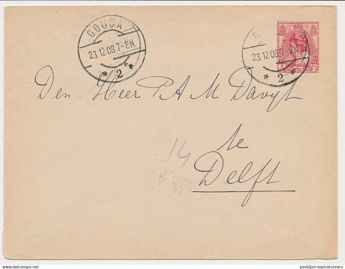 Envelop G. 14 Gouda - Delft 1908 - Postwaardestukken