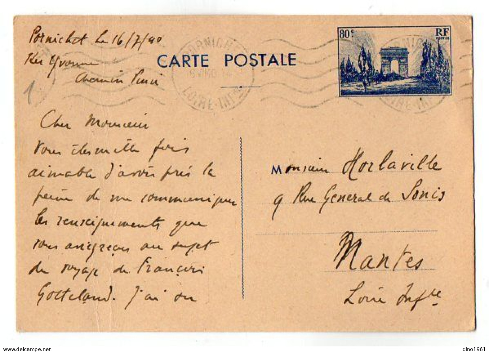 TB 4799 - 1940 - Entier Postal Type Arc De Triomphe - M. ? Au PORNICHET Pour M. HORLAVILLE à NANTES - Standard- Und TSC-AK (vor 1995)