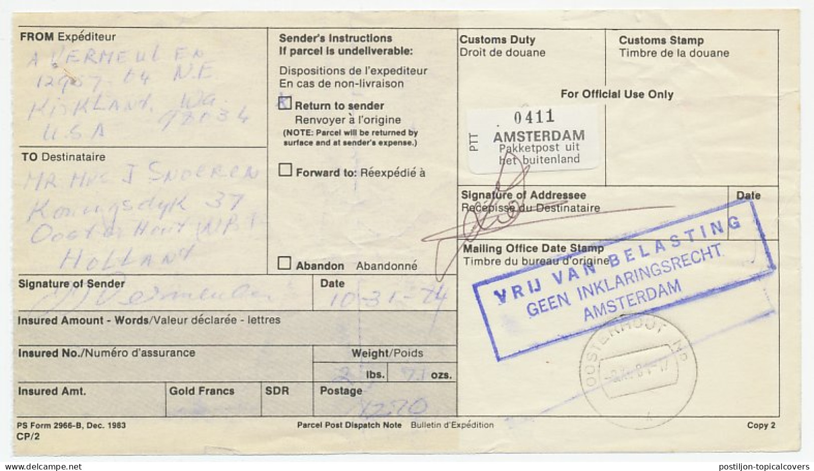 USA - Oosterhout 1984 - Pakketpost Uit Het Buitenland - Ohne Zuordnung