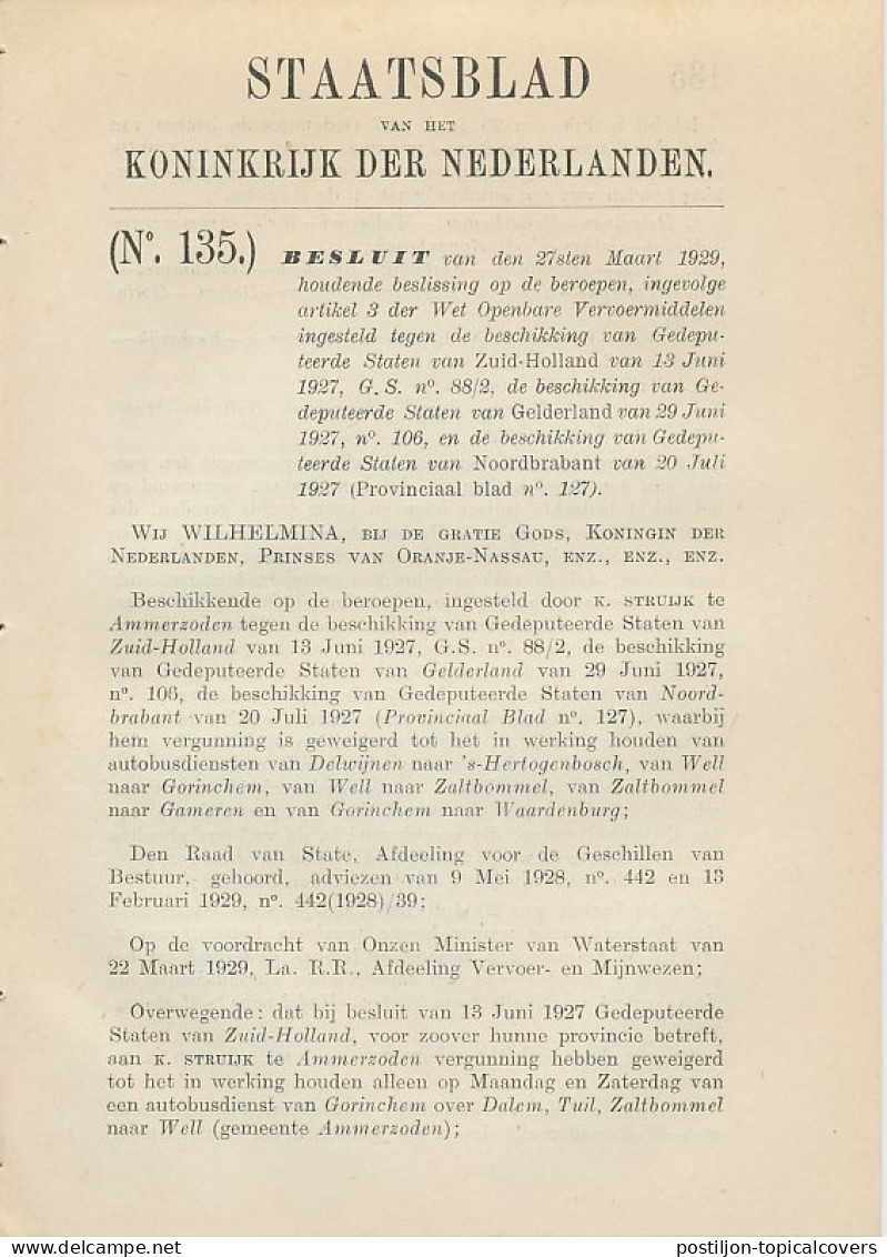 Staatsblad 1929 : Autobusdienst Delwijnen - S Hertogenbosch En - Historische Documenten