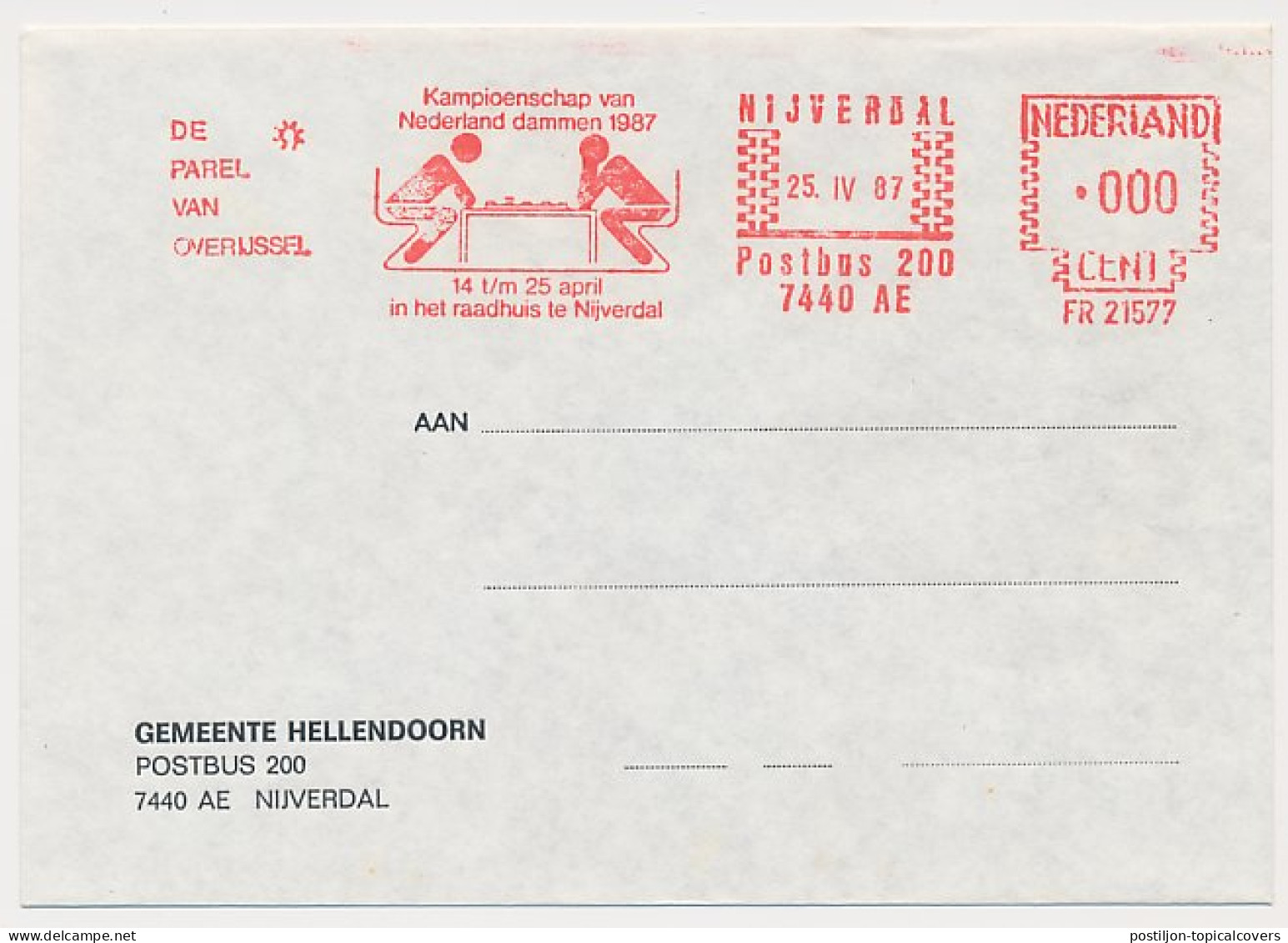 Meter Proof / Test Cover Netherlands 1987 Dutch Draughts Championship 1987 - Nijverdal - Ohne Zuordnung