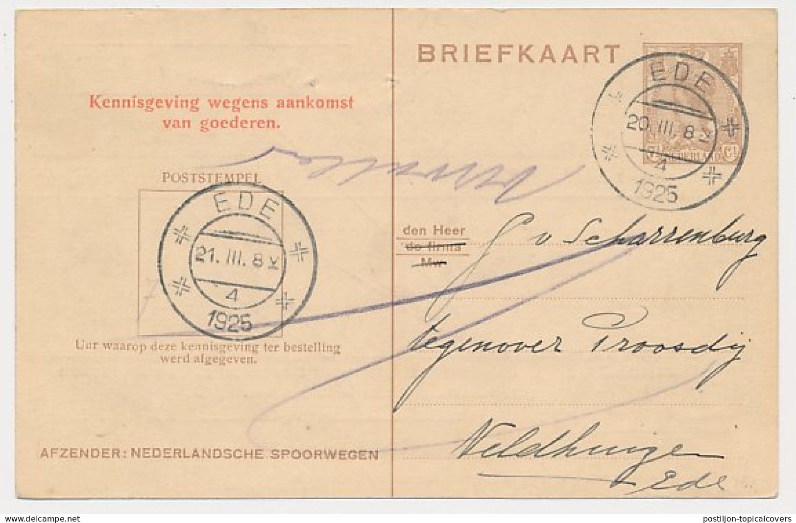 Spoorwegbriefkaart G. NS198 A - Ede 1925 - Ganzsachen