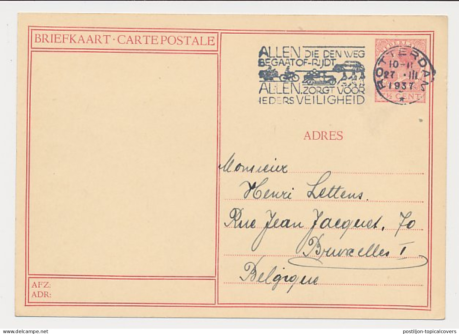 Briefkaart G. 227 B ( Dordrecht ) Rotterdam - Belgie 1937 - Postwaardestukken