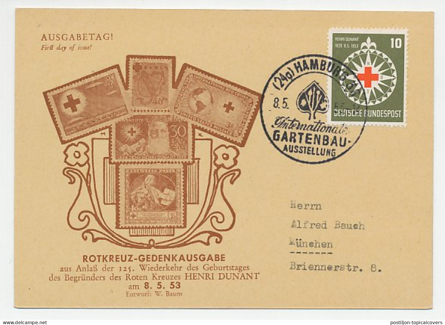 Card / Postmark Germany 1953 Horticulture Exhibition - Red Cross - Bäume