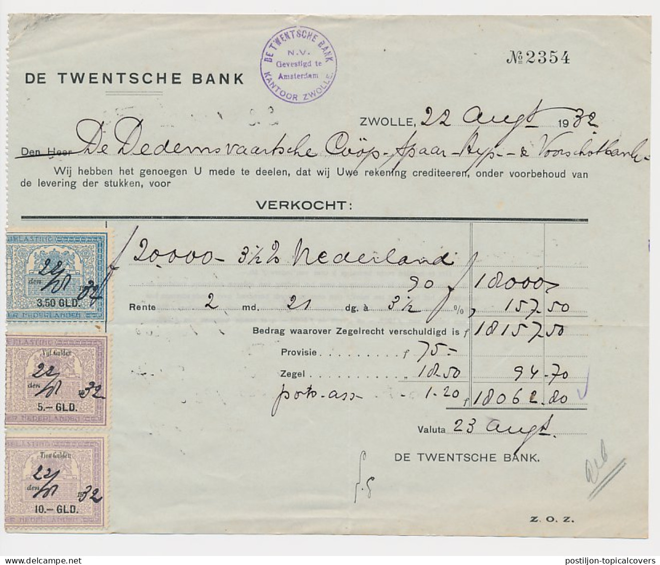 Beursbelasting Diverse Waarden - Zwolle 1932 - Steuermarken