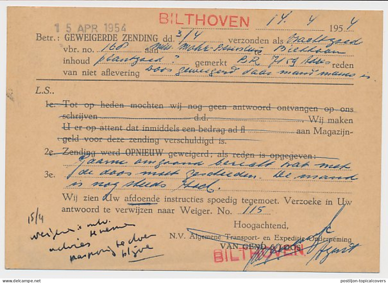 Firma Briefkaart Bilthoven 1954 - Van Gend & Loos - Ohne Zuordnung