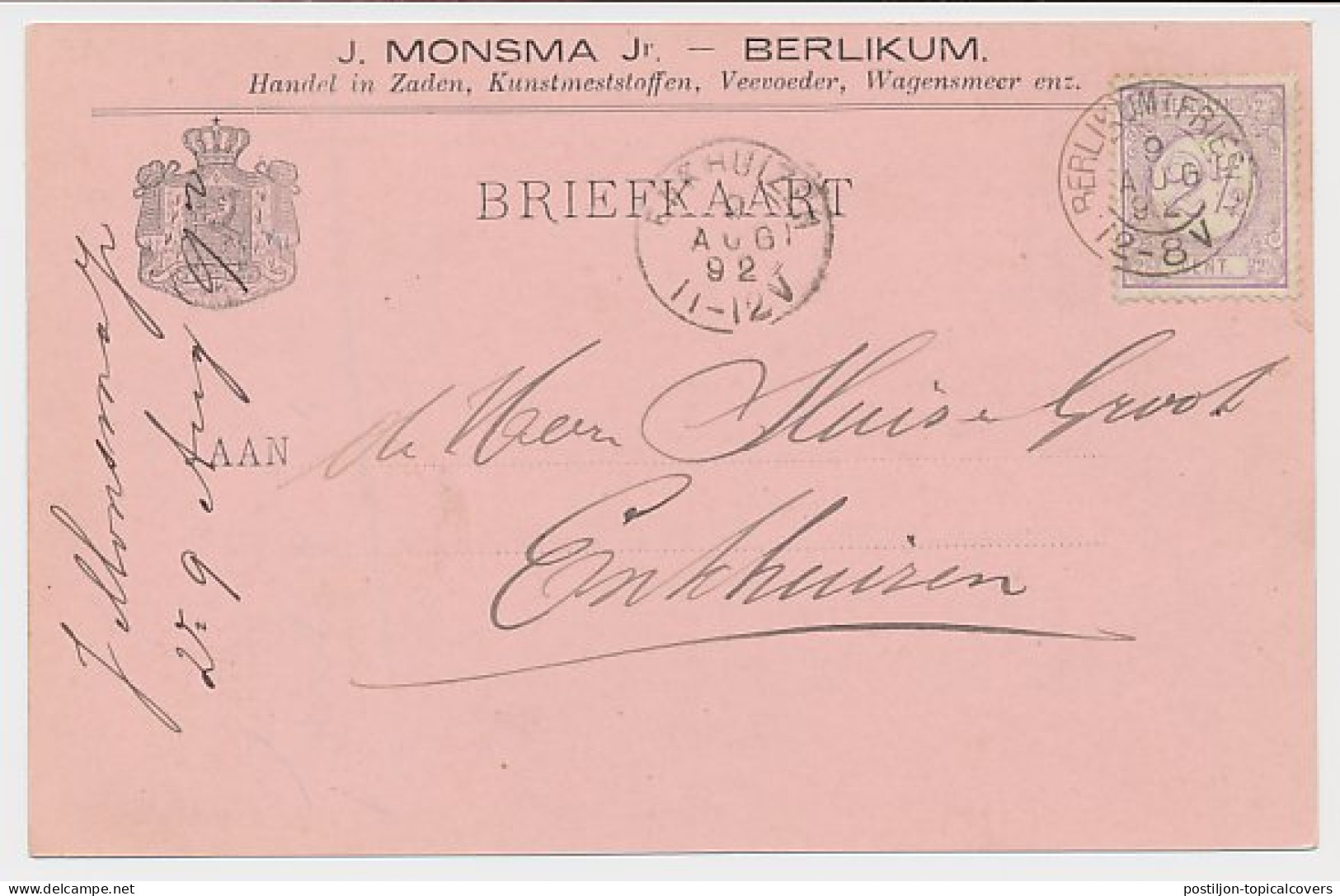 Firma Briefkaart Berlikum (Friesl:) 1892 - Zaden - Kunstmest Enz - Ohne Zuordnung