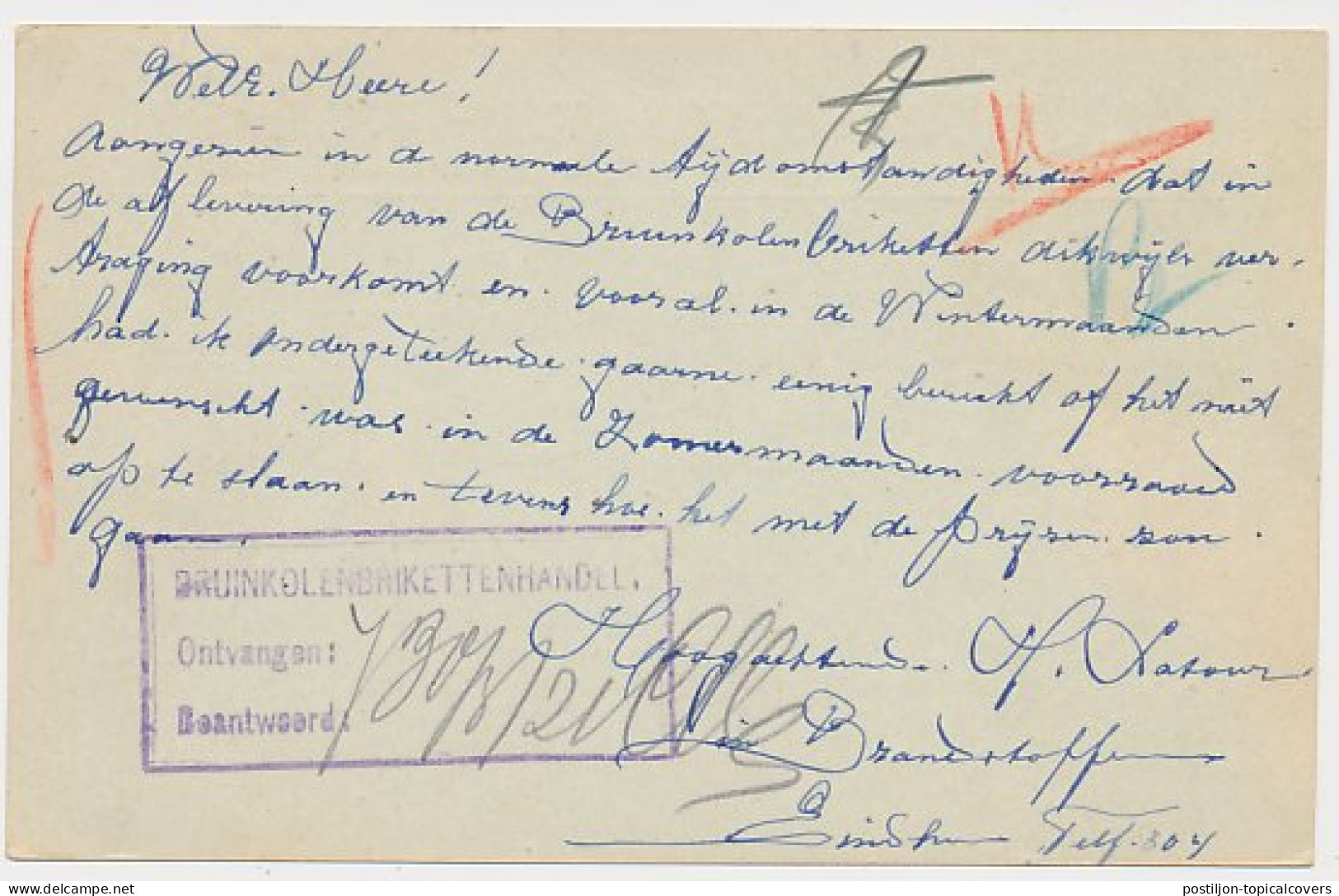 Firma Briefkaart Woensel 1921 - Steenkolen - Briketten - Ohne Zuordnung