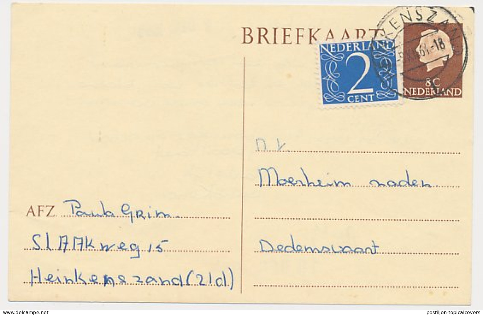 Briefkaart G. 325 / Bijfrankering Heinkenszand -Dedemsvaart 1964 - Ganzsachen