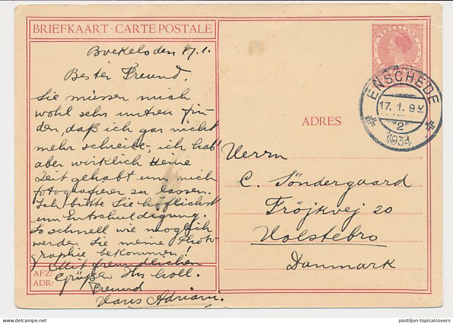 Briefkaart G. 227 H Enschede - Denemarken 1934 - Postwaardestukken