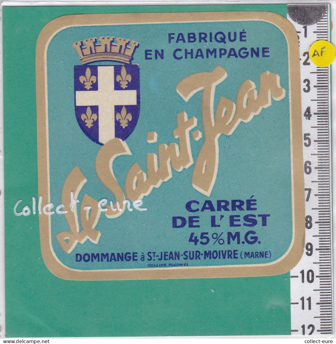 C1208  FROMAGE PETIT CARRE DE L EST  DOMMANGE SAINT JEAN SUR MOIVRE MARNE  45 % FABRIQUE EN CHAMPAGNE LE SAINT JEAN - Käse