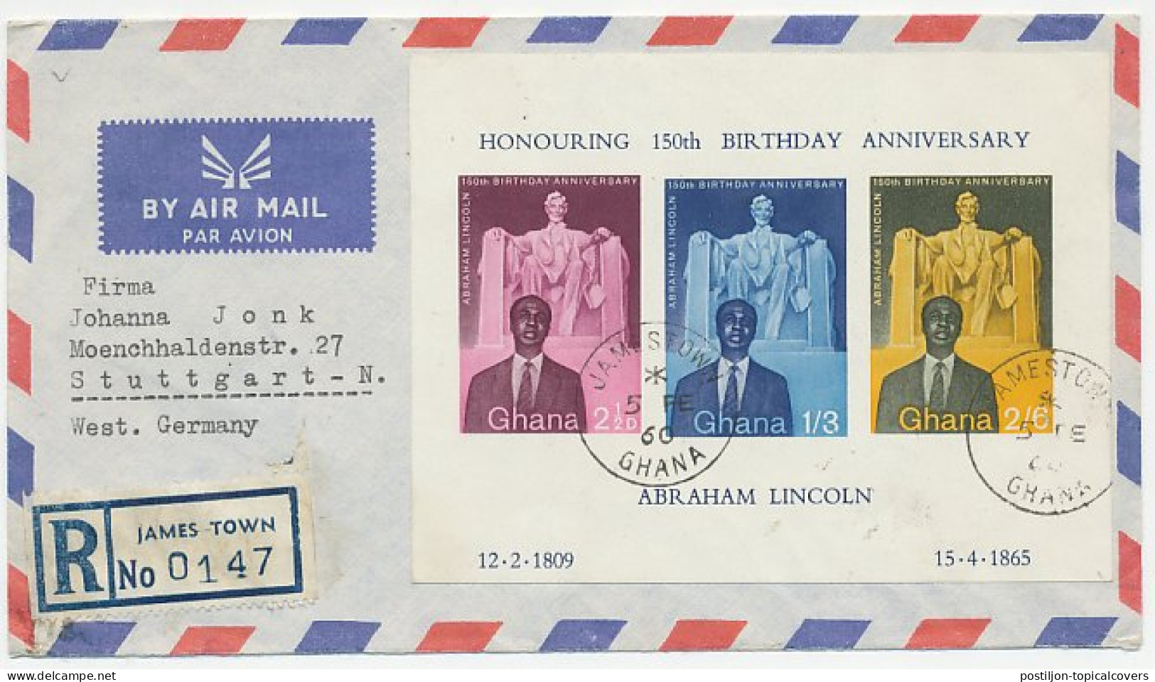 Registered Cover / Block Ghana 1960 Abraham Lincoln - Honouring 150th Birthday Anniversary - Other & Unclassified
