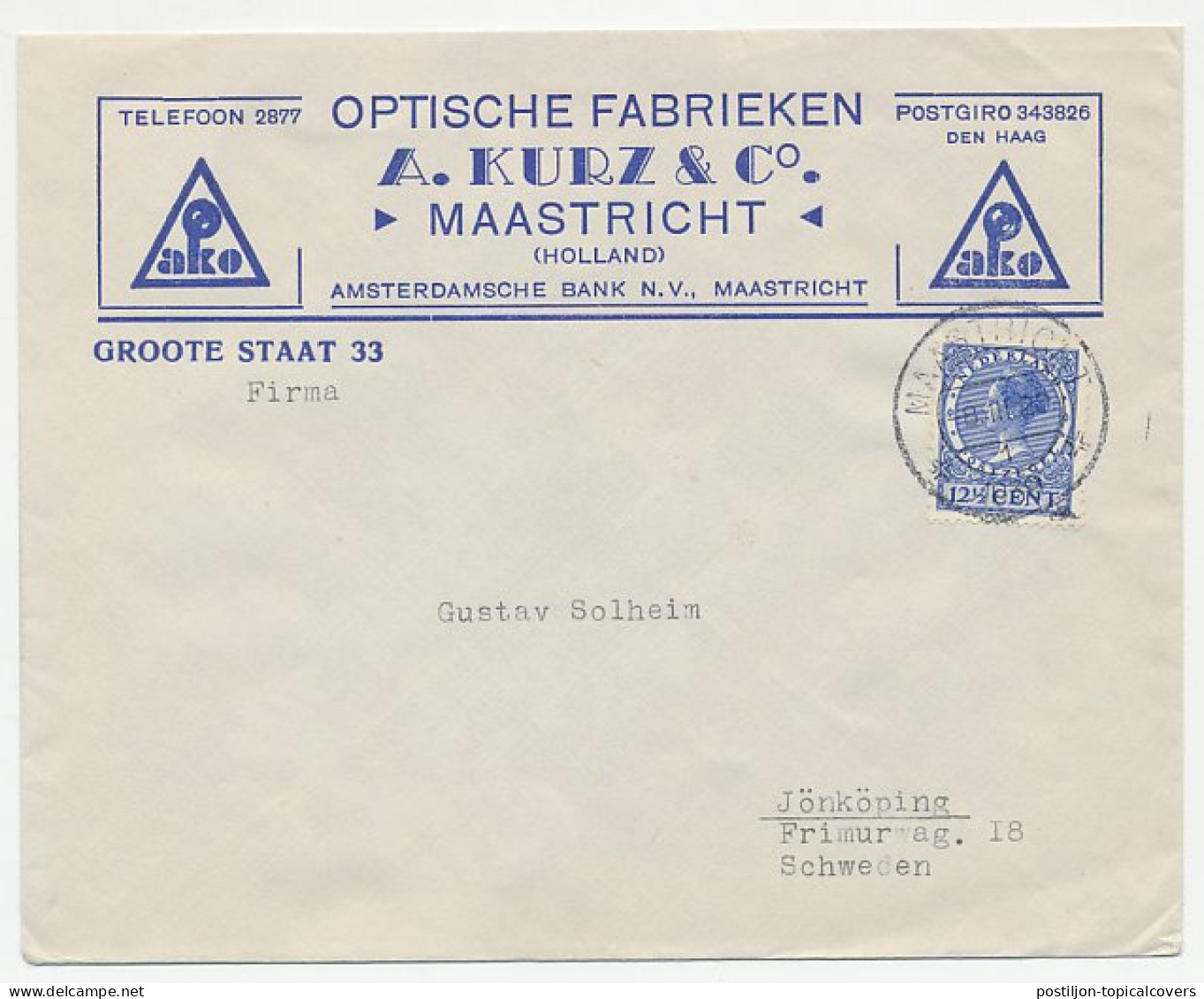 Firma Envelop Maastricht 1939 - Optische Fabriek - Ohne Zuordnung