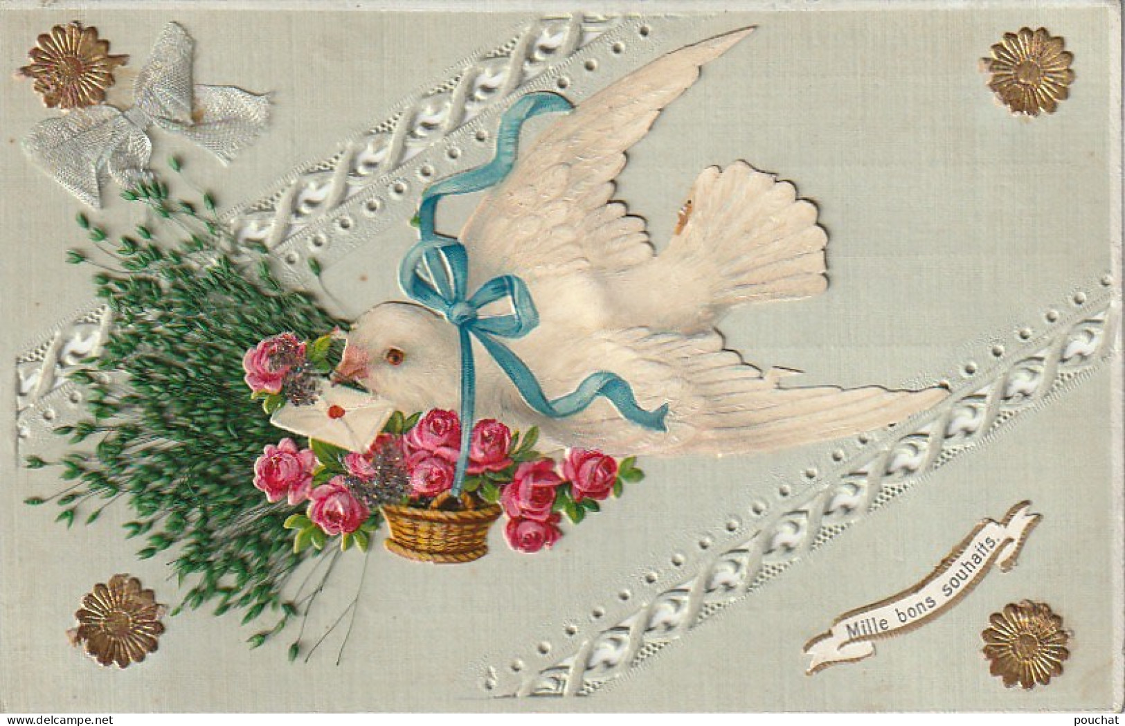 S0 26- " MILLE BONS SOUHAITS "- CARTE AJOUREE AVEC CHROMO ET GRAMINEES : COLOMBE AVEC PANIER DE ROSES - 2 SCANS - Nouvel An