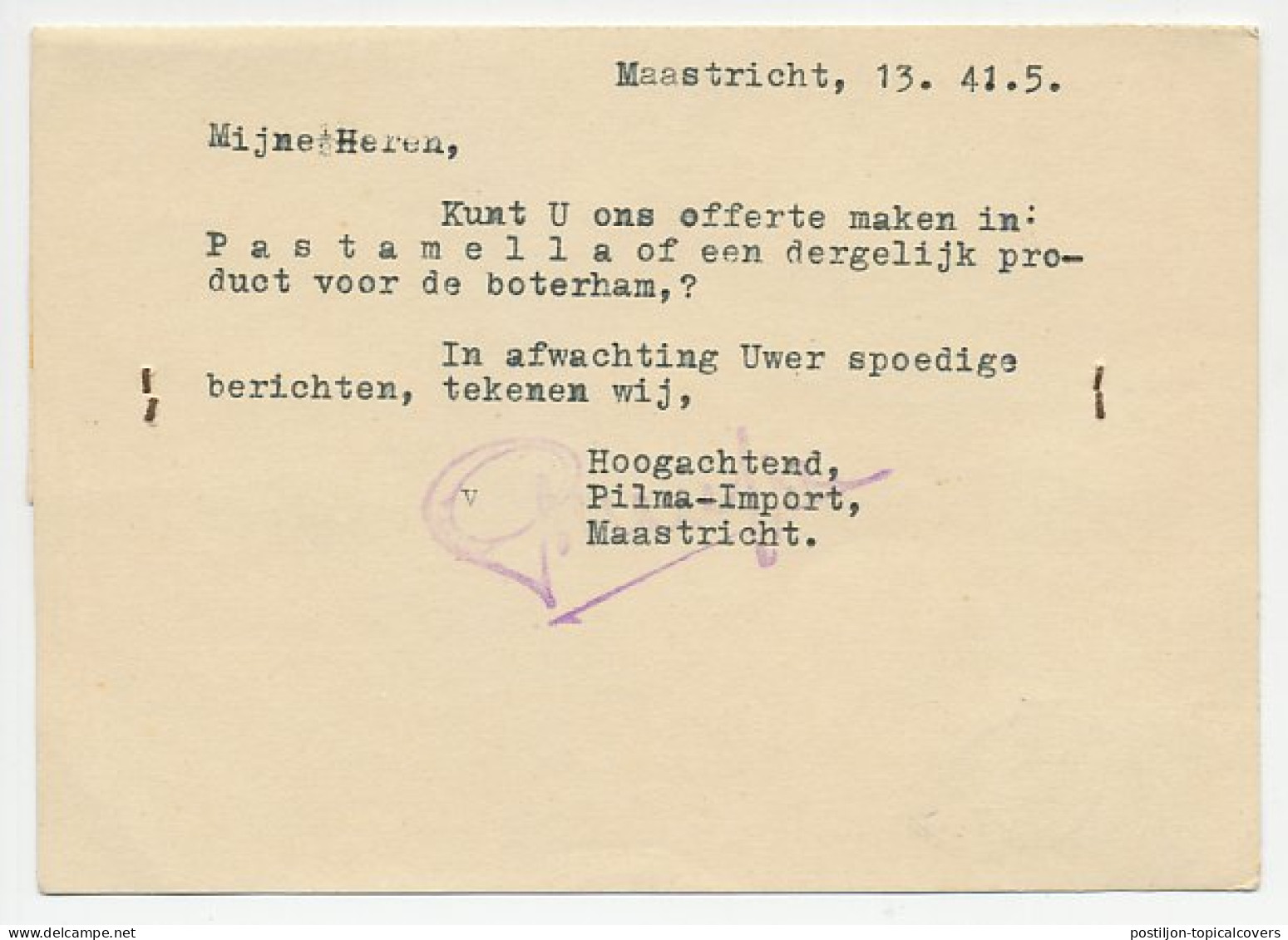 Firma Briefkaart Maastricht 1941 - Handelsonderneming - Ohne Zuordnung