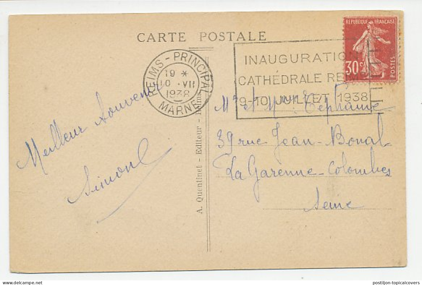 Postcard / Postmark France 1938 Cathedral Reims - Inauguration - Eglises Et Cathédrales