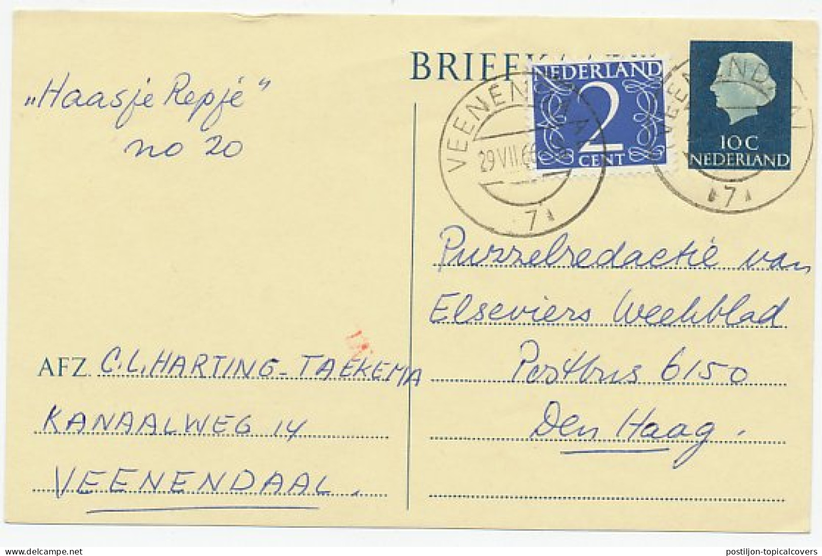 Briefkaart G. 330 / Bijfrankering Veenendaal - Den Haag 1966 - Ganzsachen