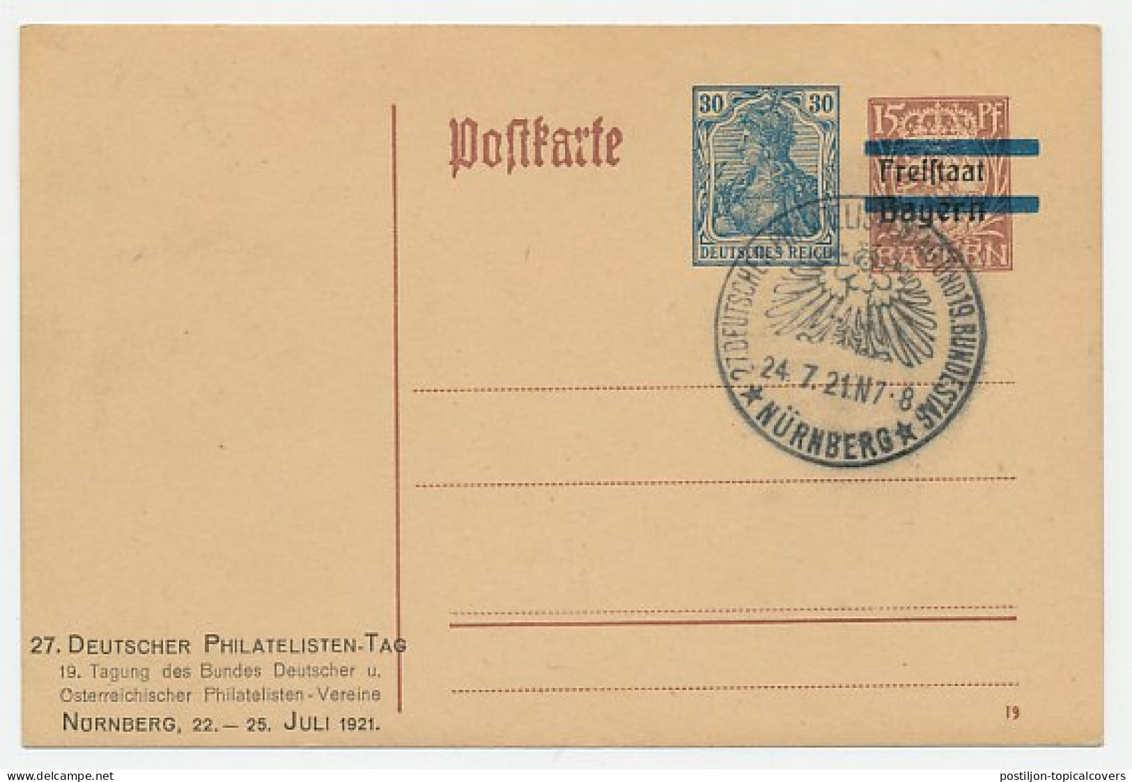 Postal Stationery Germany 1921 Mail Coach - Horse - Philatelic Day Nurnberg - Stamp Bayern - Other & Unclassified