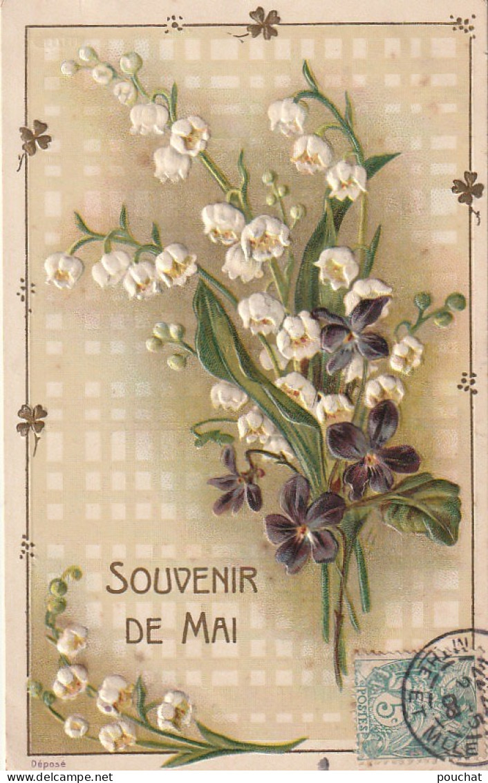 SO 26 - " SOUVENIR DE MAI  " - CARTE GAUFREE FANTAISIE - BOUQUET DE MUGUET ET VIOLETTES - TREFLES DORES- 2 SCANS  - Sonstige & Ohne Zuordnung