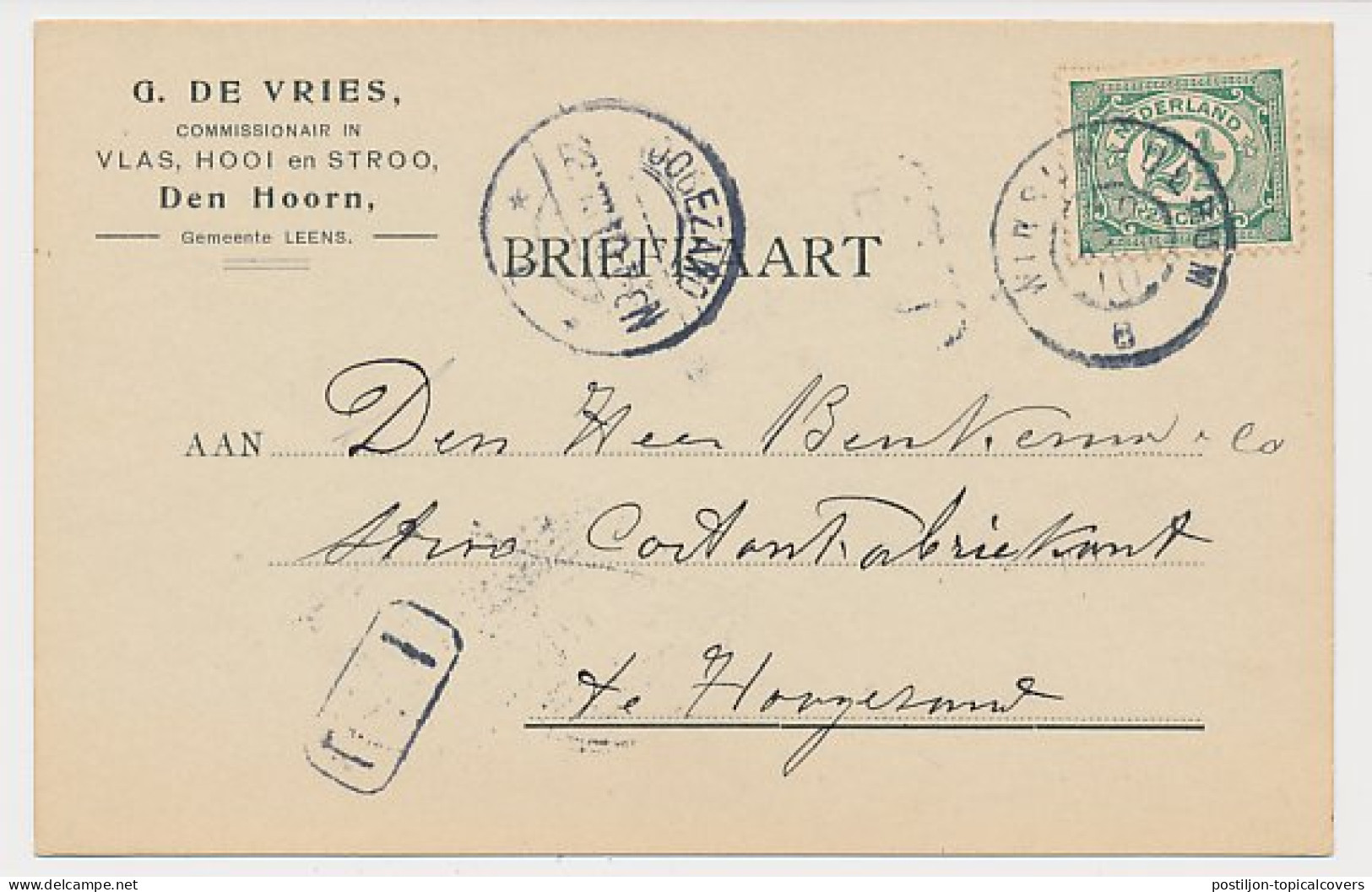 Firma Briefkaart Den Hoorn 1910 - Vlas - Hooi - Stroo - Unclassified