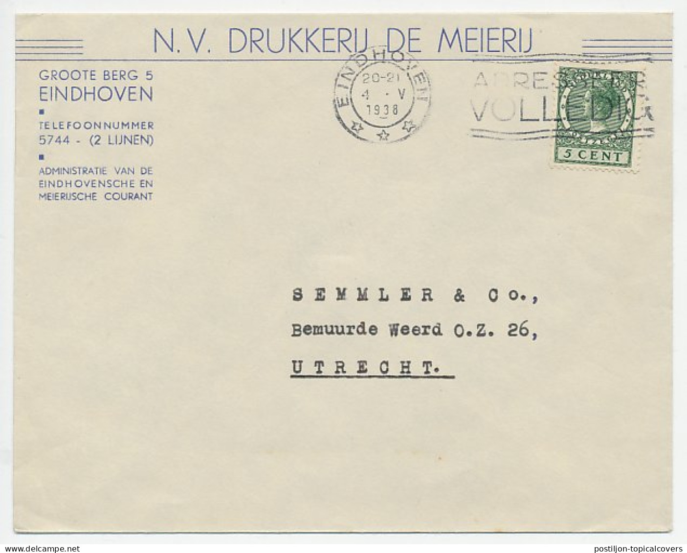 Firma Envelop Eindhoven 1938 - Drukkerij - Ohne Zuordnung