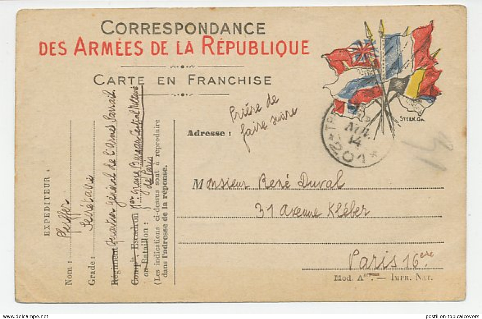 Military Service Card France 1914 Flags - Allies Postcard - WWI - Autres & Non Classés