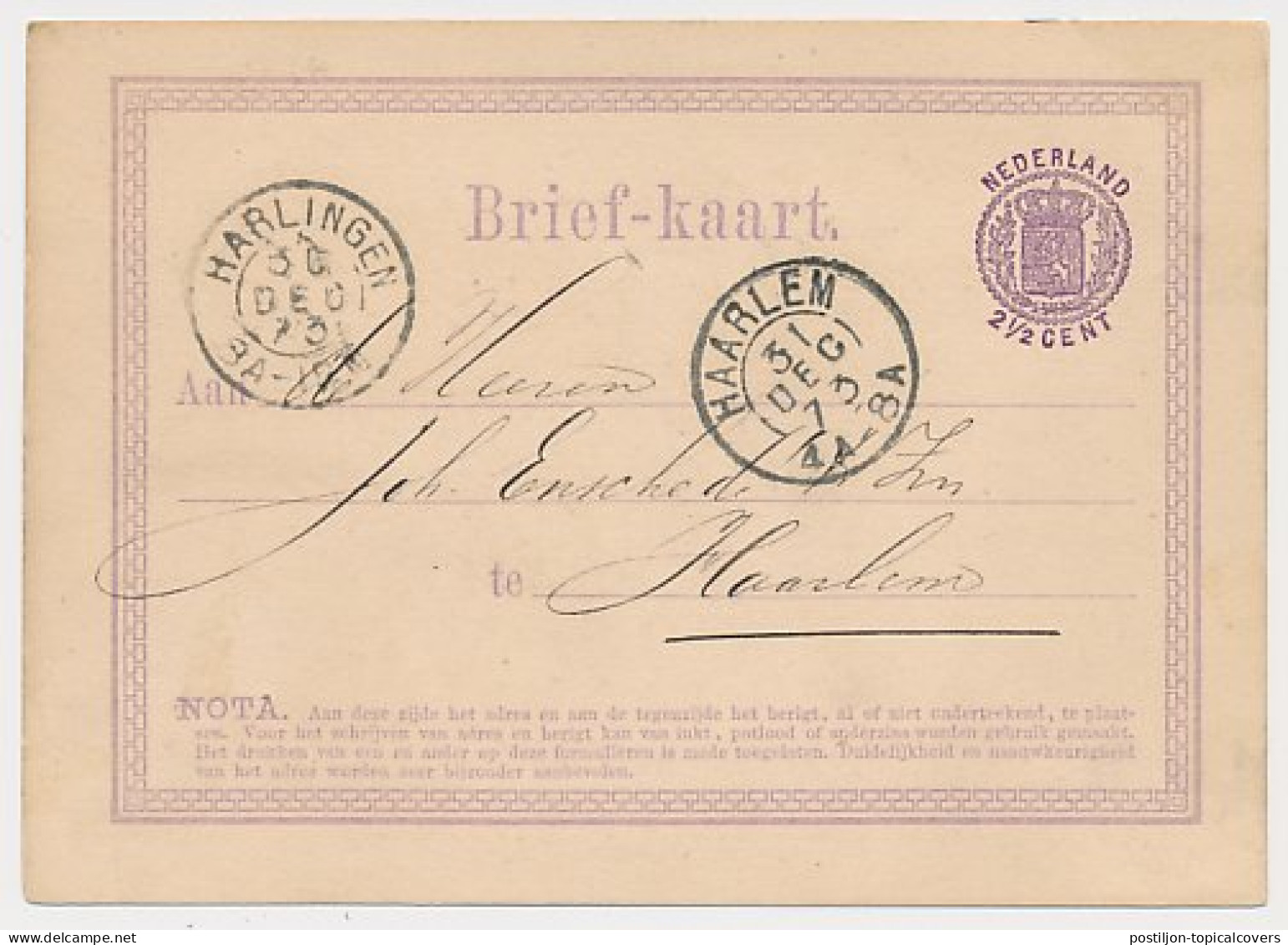 Briefkaart G. 4 Harlingen - Haarlem 1873 - Postwaardestukken