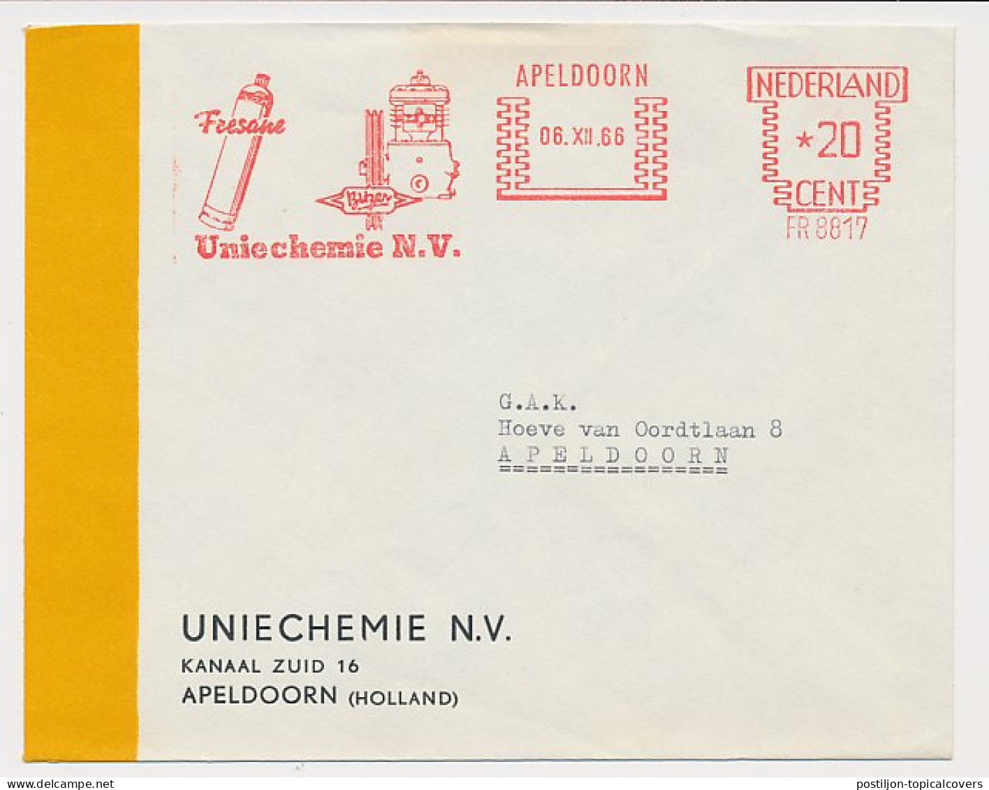Meter Cover Netherlands 1966 Chemistry - Gas Bottle - Apeldoorn - Andere & Zonder Classificatie