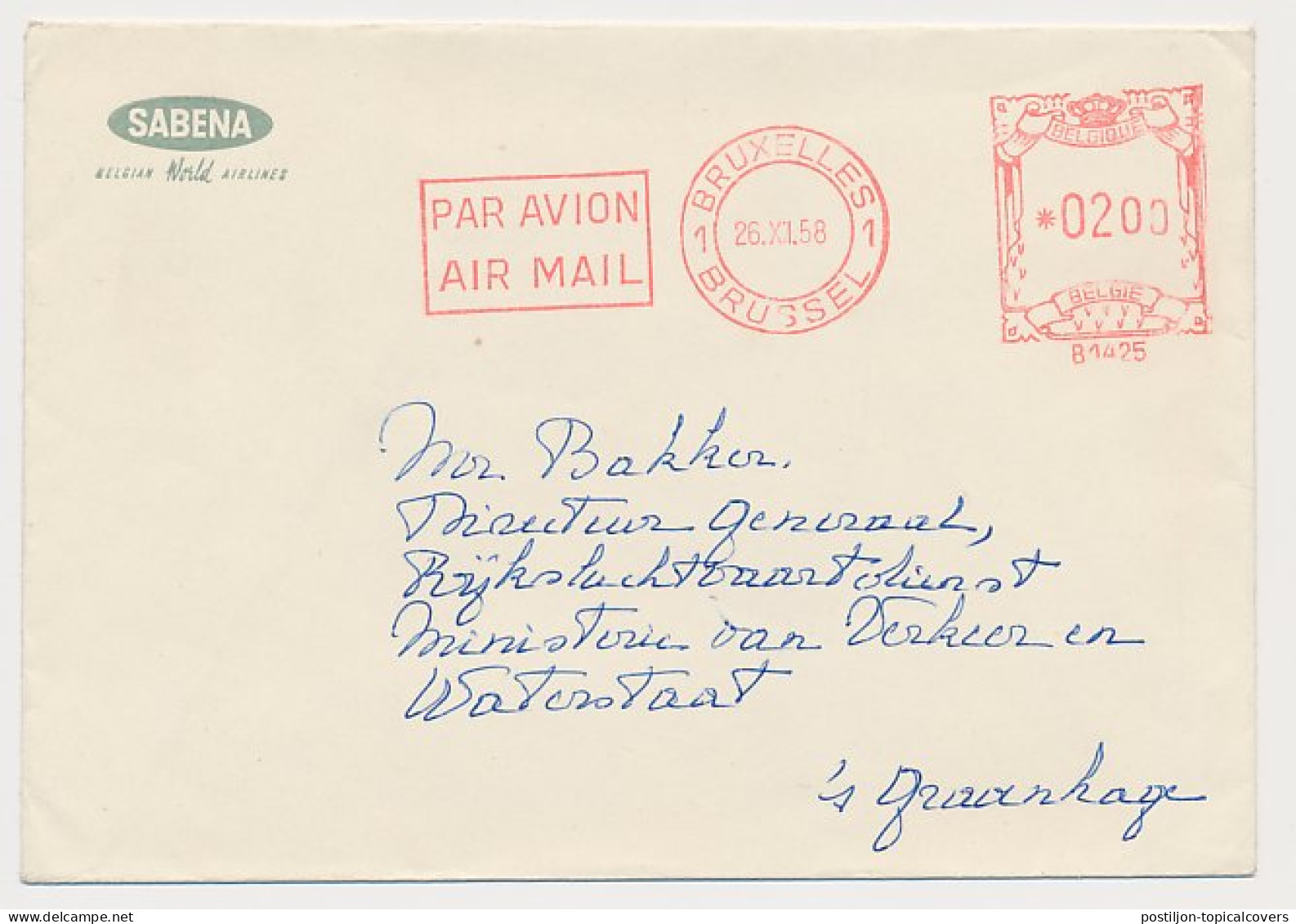 Meter Cover Belgium 1958 Sabena - Begian World Airlines - Airplanes