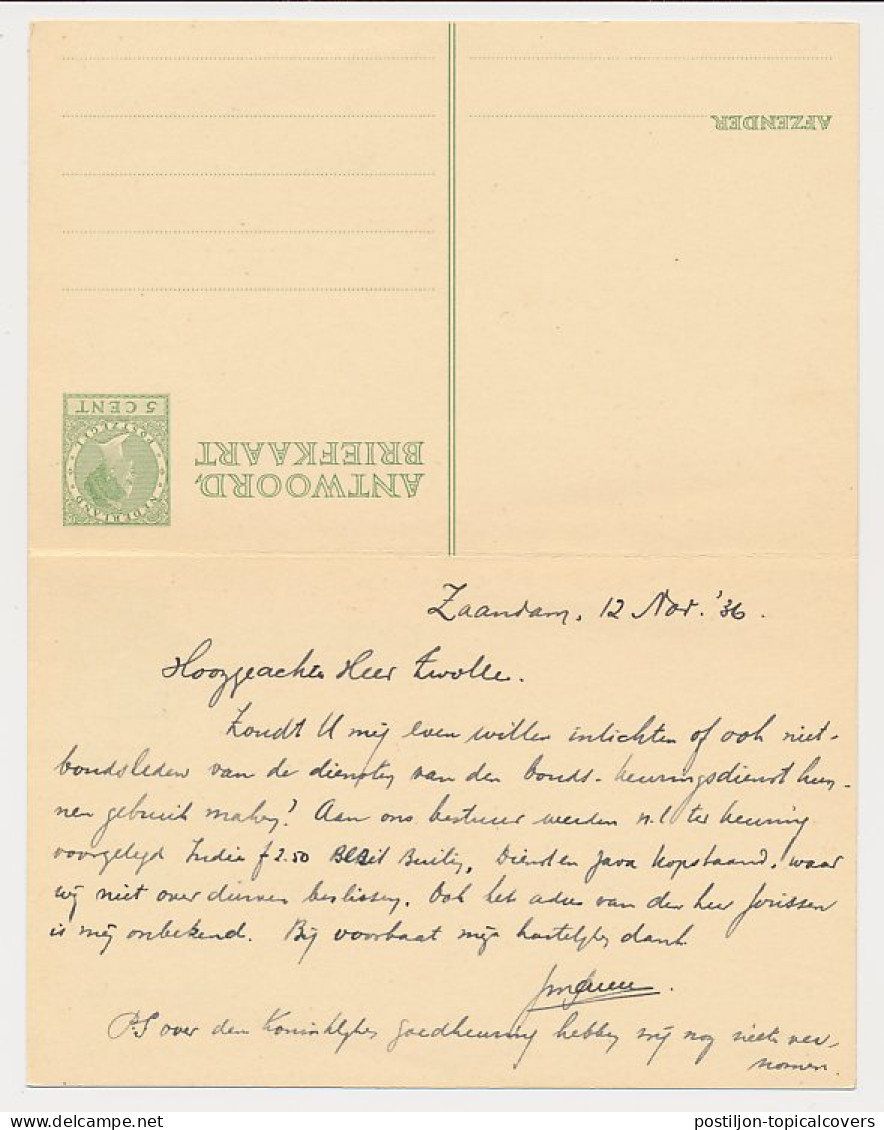 Briefkaart G. 230 Zaandam - Amsterdam 1936 - Postwaardestukken