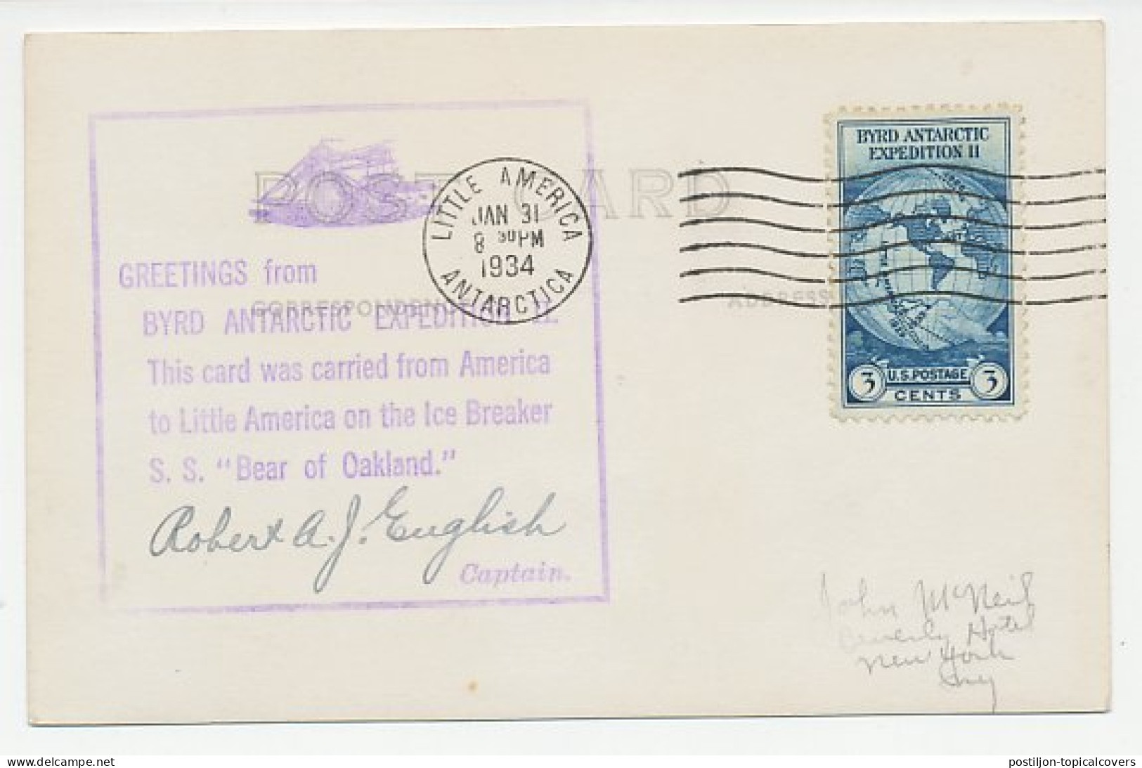 Card / Postmark USA 1934 Byrd Antarctic Expedition II - Photo Postcard Weddel Seal - Expéditions Arctiques