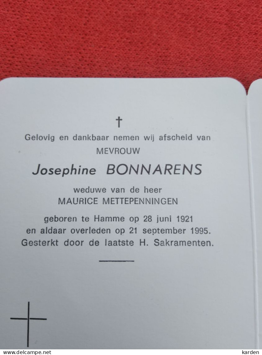 Doodsprentje Josephine Bonnarens / Hamme 28/6/1921 - 21/9/1995 ( Maurice Mettepenningen ) - Godsdienst & Esoterisme