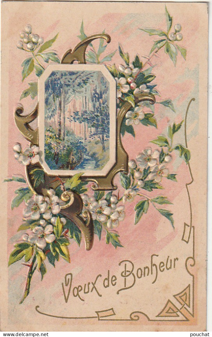 SO 28- " VOEUX DE BONHEUR " - CARTE FANTAISIE GAUFREE - MEDAILLON SOUS BOIS DANS DECOR FLORAL - 2 SCANS - Autres & Non Classés