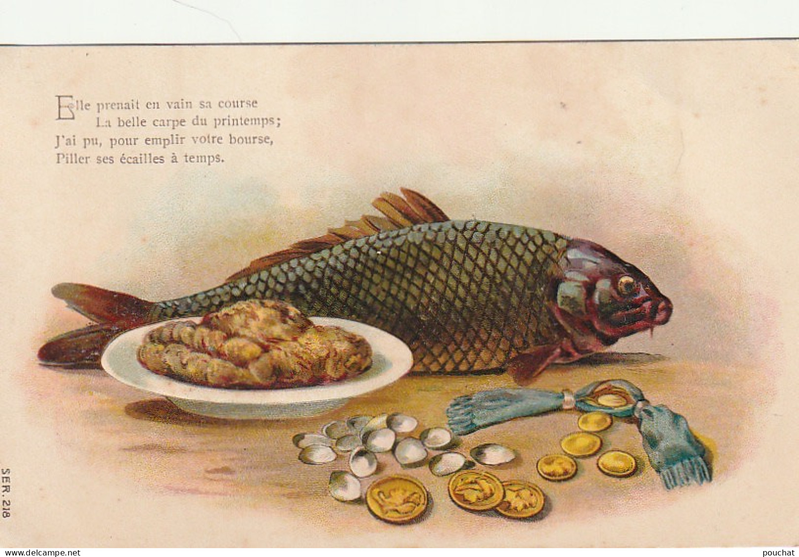 SO 28- CARTE FANTAISIE GAUFREE - POISSON : CARPE AVEC LOUIS D' OR - 2 SCANS - 1er Avril - Poisson D'avril