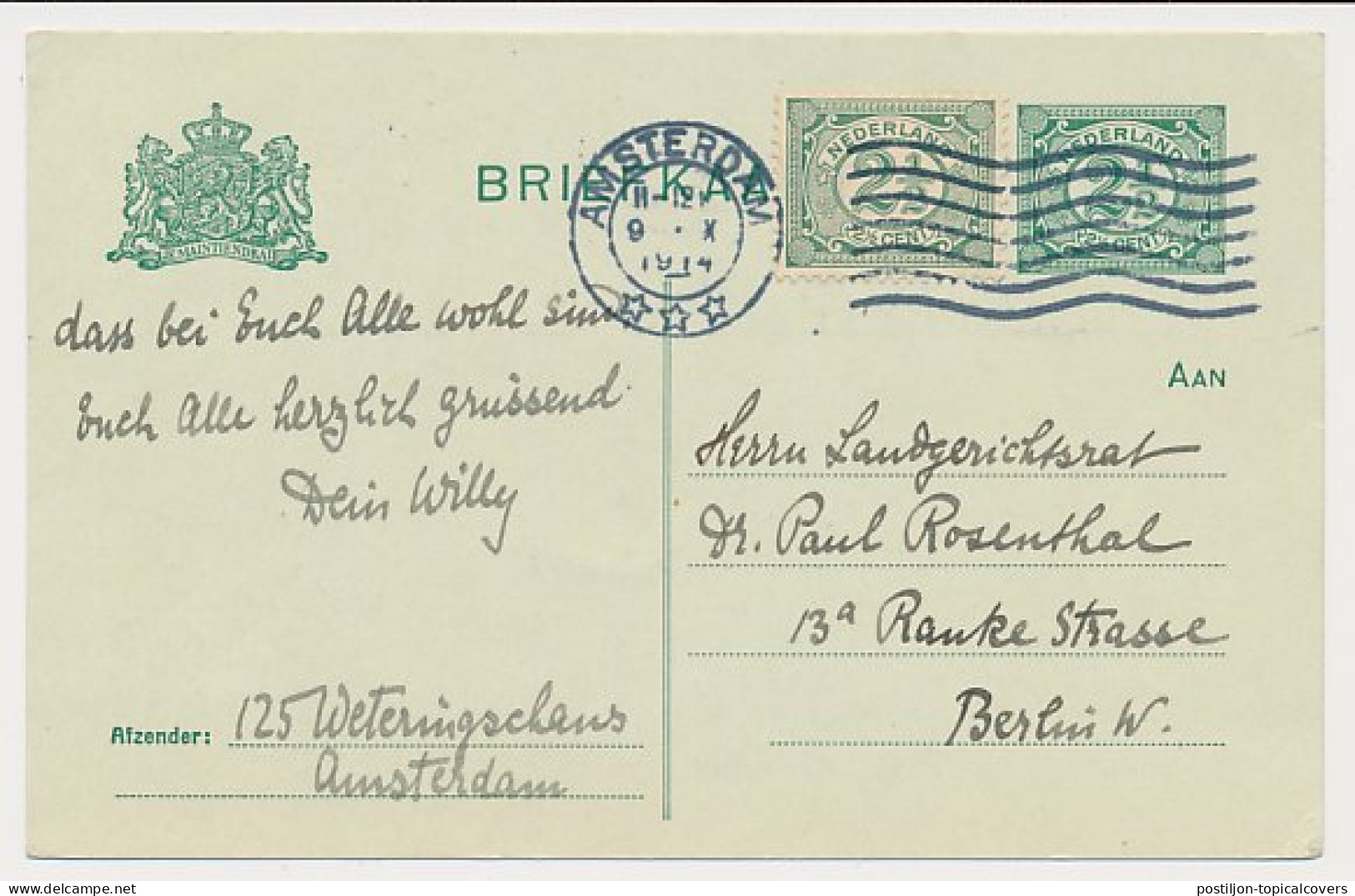 Briefkaart G. 80 A I / Bijfrankering Amsterdam - Duitsland 1914 - Ganzsachen