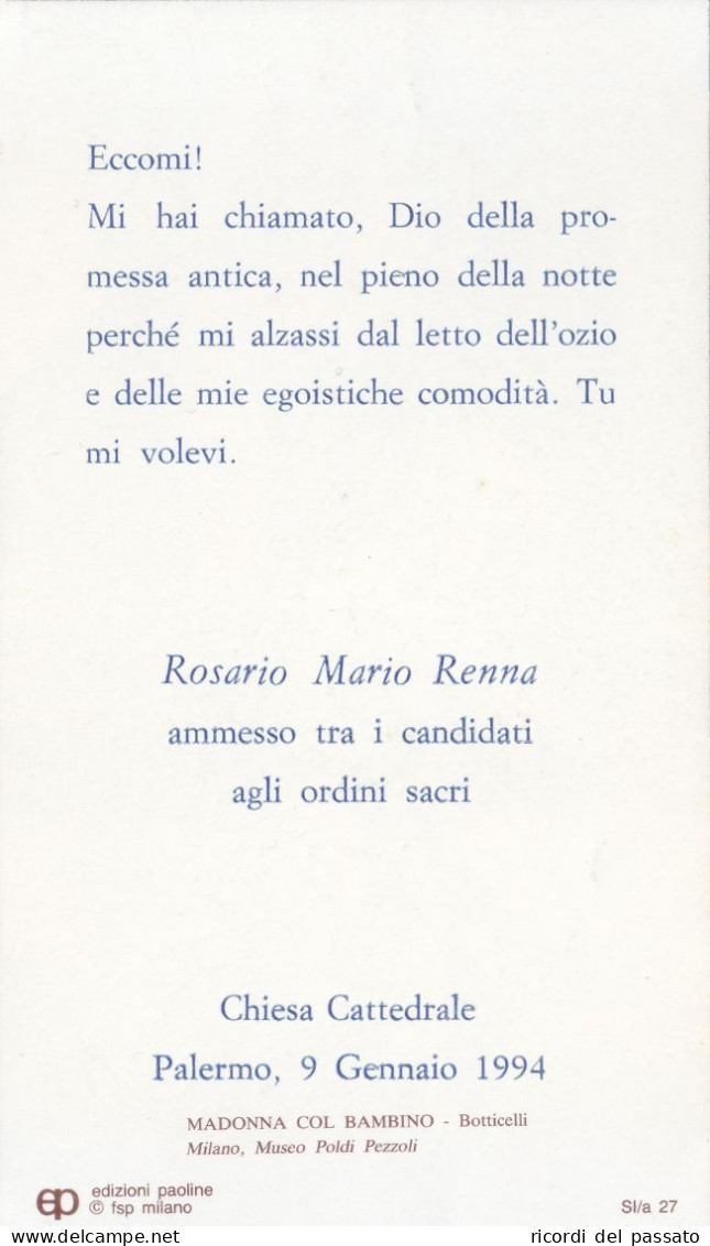 Santino Ricordo Ordini Sacri - Palermo 1994 - Devotieprenten