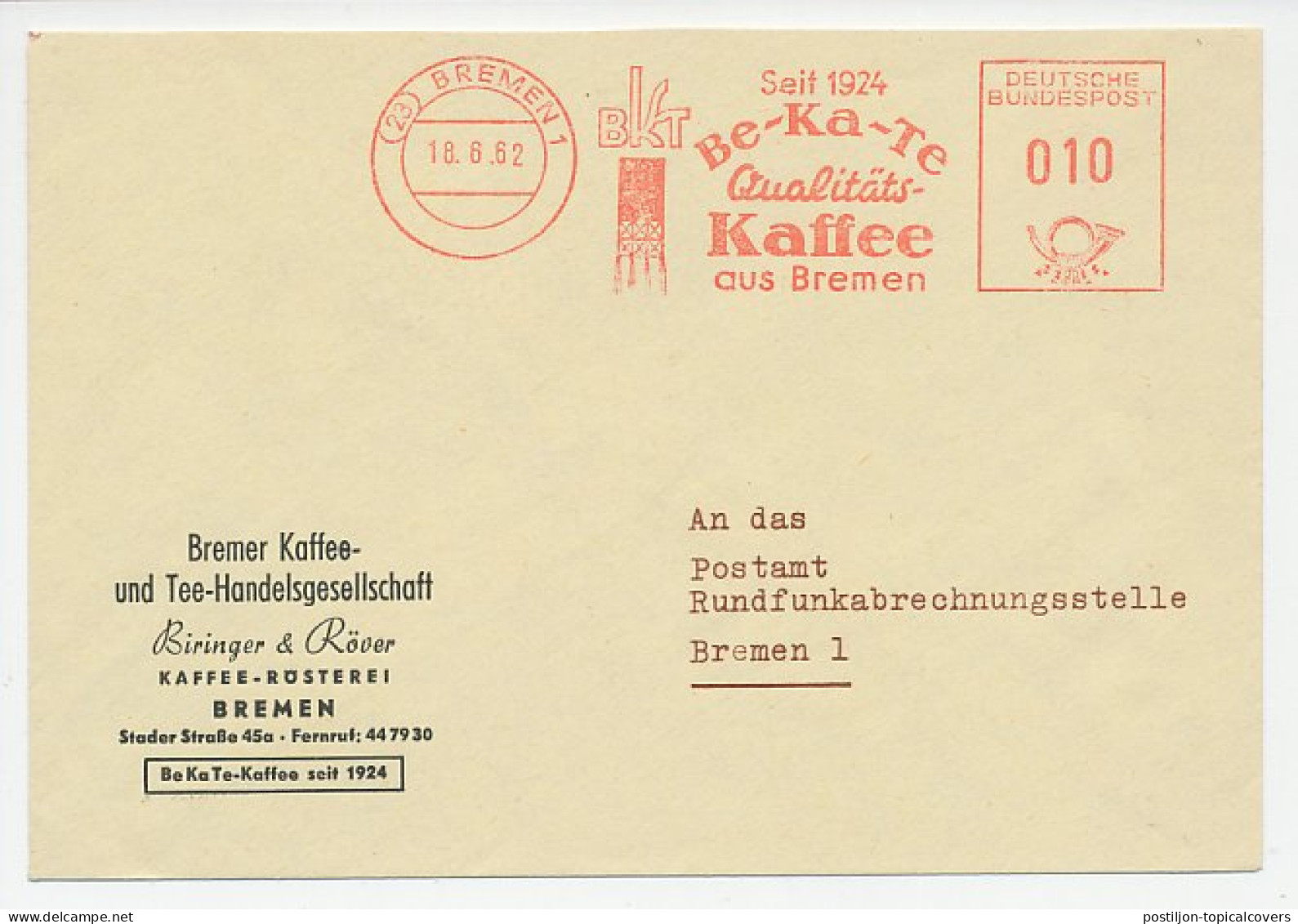 Meter Cover Germany 1962 Coffee - Bremer Kaffee Und Tee - Autres & Non Classés