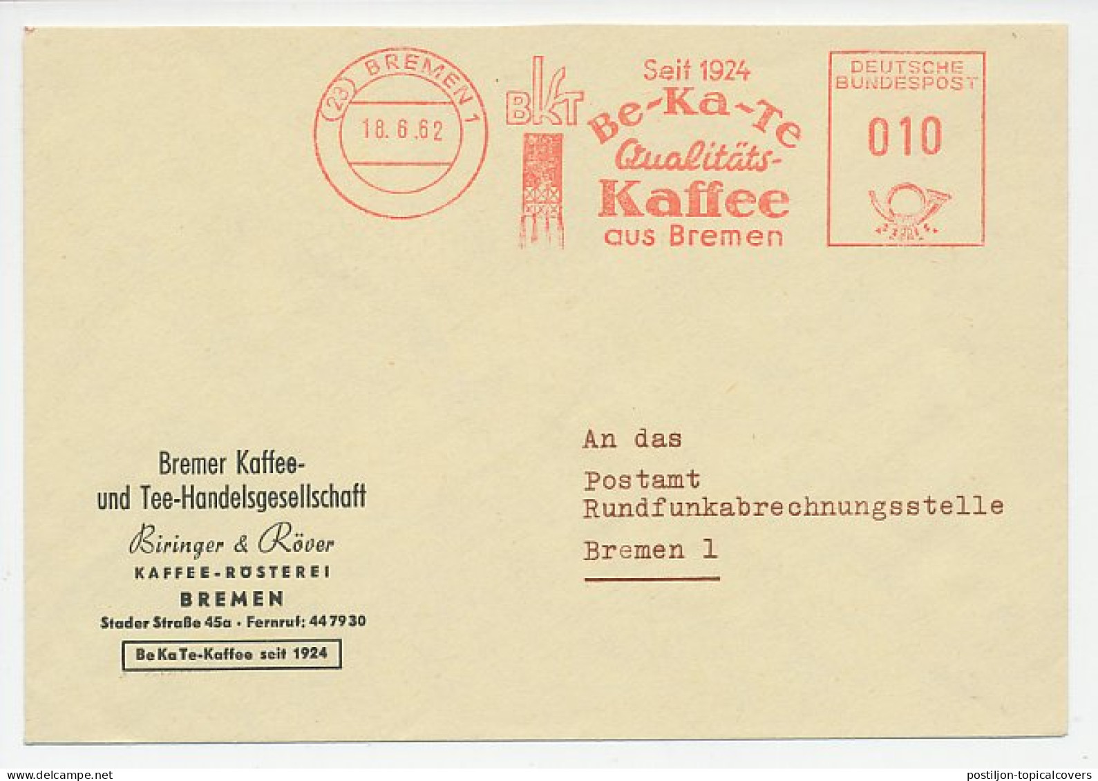 Meter Cover Germany 1962 Coffee - Bremer Kaffee Und Tee - Sonstige & Ohne Zuordnung