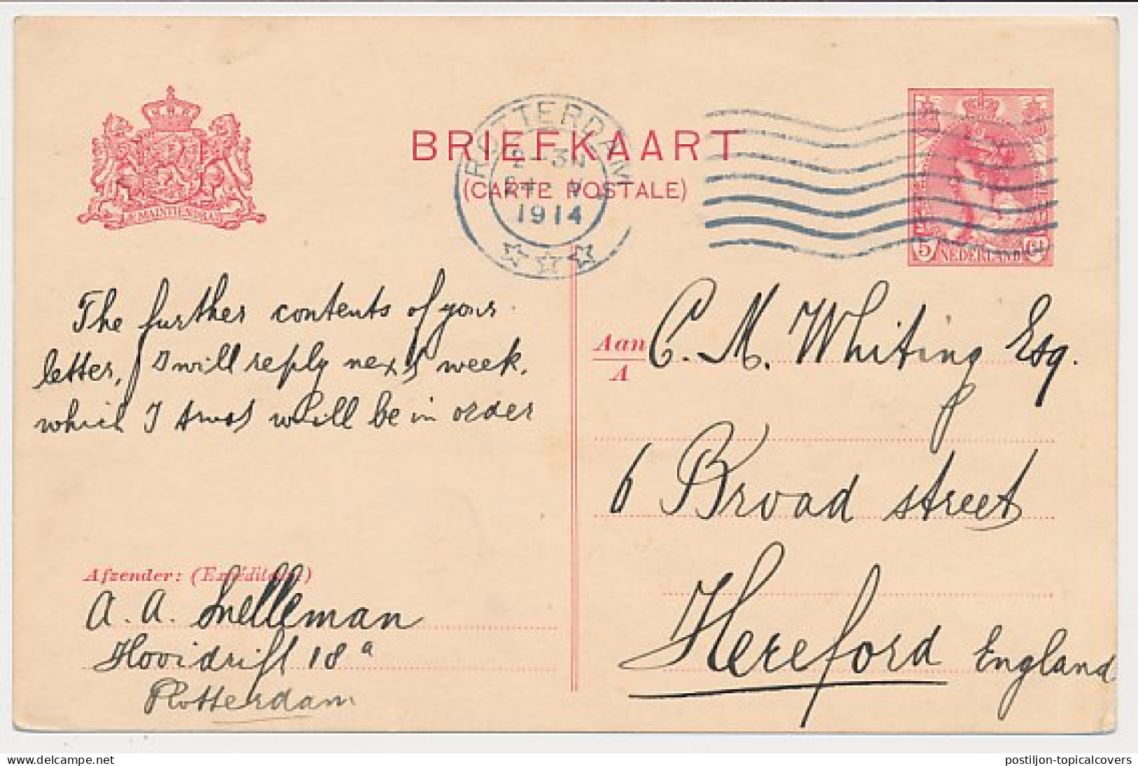 Briefkaart G. 82 Particulier Bedrukt Rotterdam - GB / UK 1914 - Postwaardestukken