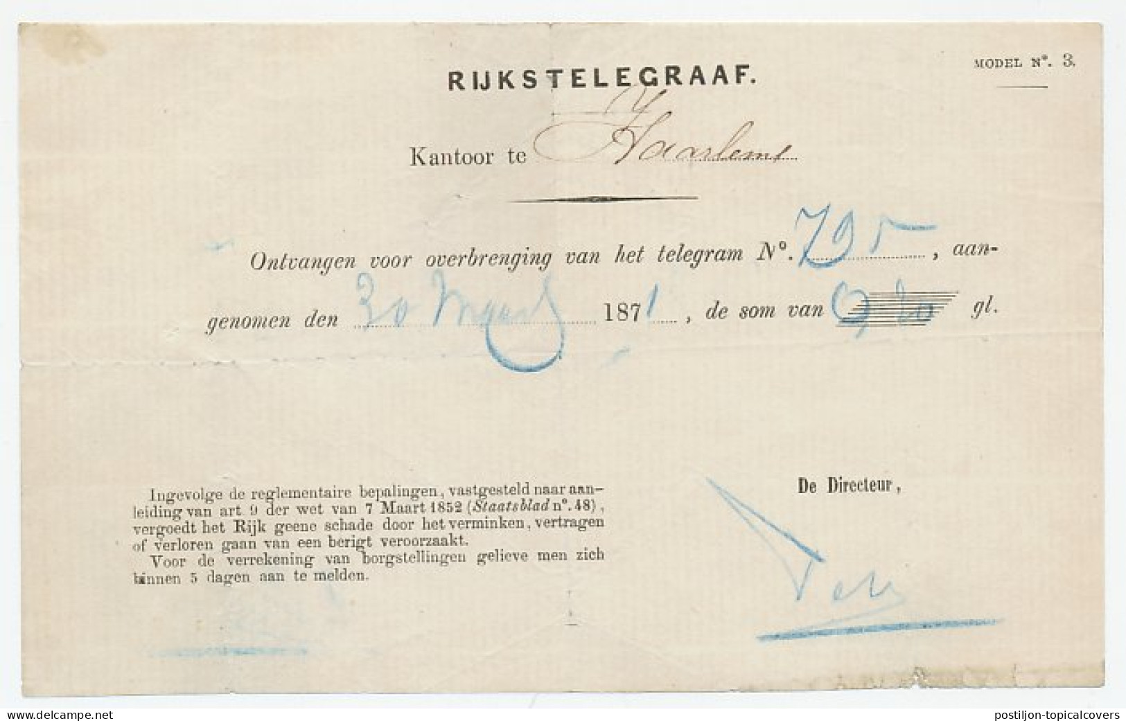 Telegraaf Kwitantie Haarlem 1871 - Non Classés