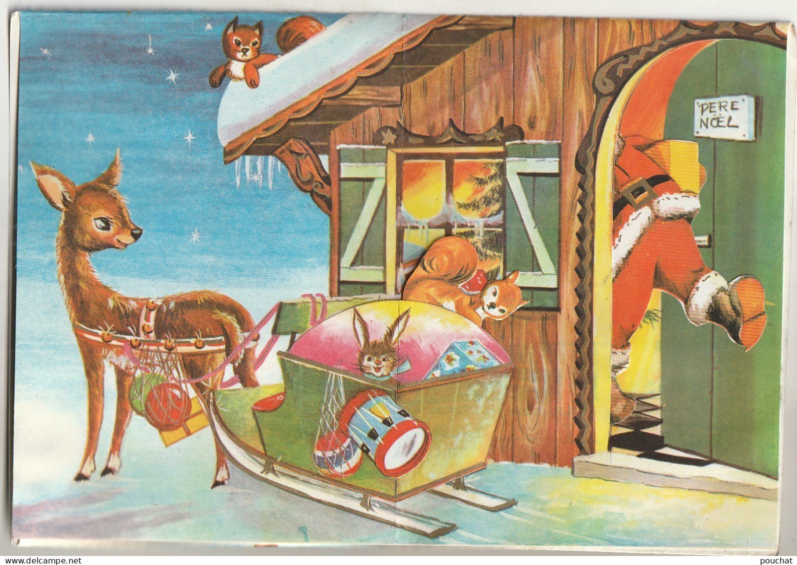 RE Nw2- " JOYEUX NOEL " - CARTE SYSTEME POP UP - PERE NOEL AVEC TRAINEAU DE JOUETS  SOUS LA NEIGE - ILLUSTRATEUR RAINAUD - Kerstman